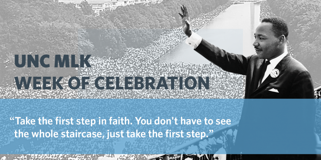 Photo of Martin Luther King Jr. waving superimposed over an image from the March on Washington. A quote from Dr. King is on the image. It reads 