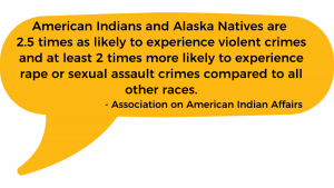 American Indians and Alaska Natives are 2.5 times as likely to experience violent crimes and at least 2 times more likely to experience rape or sexual assault crimes compared to all other races. - Association on American Indian Affairs