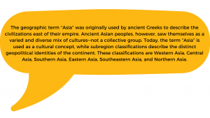 The geographic term "Asia" was originally was used by ancient Greeks to describe the civilizations east of their empire. Ancient Asian peoples, however, saw themselves as a varied and diverse mix of cultures--not a collective group. Today, the term "Asia" is used as a cultural concept, while subregion classifications describe the distinct geopolitical identities of the continent. These classifications are Western Asia, Central Asia, Southern Asia, Eastern Asia, Southeastern Asia, and Northern Asia.
