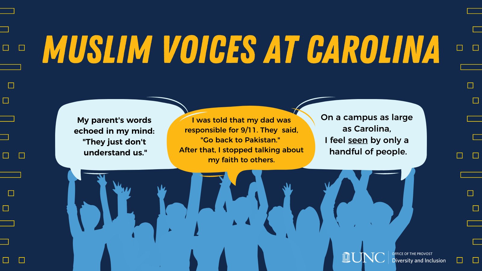 Image of people holding up voice bubbles with title that says, "Muslim Voices at Carolina" and text, "My parent's words echoed in my mind: 'They just don't understand us,'" "I was told that my dad was responsible for 9/11. They said, 'Go back to Pakistan.' After that, I stopped talking about my faith to others," and "On ca campus as large as Carolina, I feel SEEN by only a handful of people"