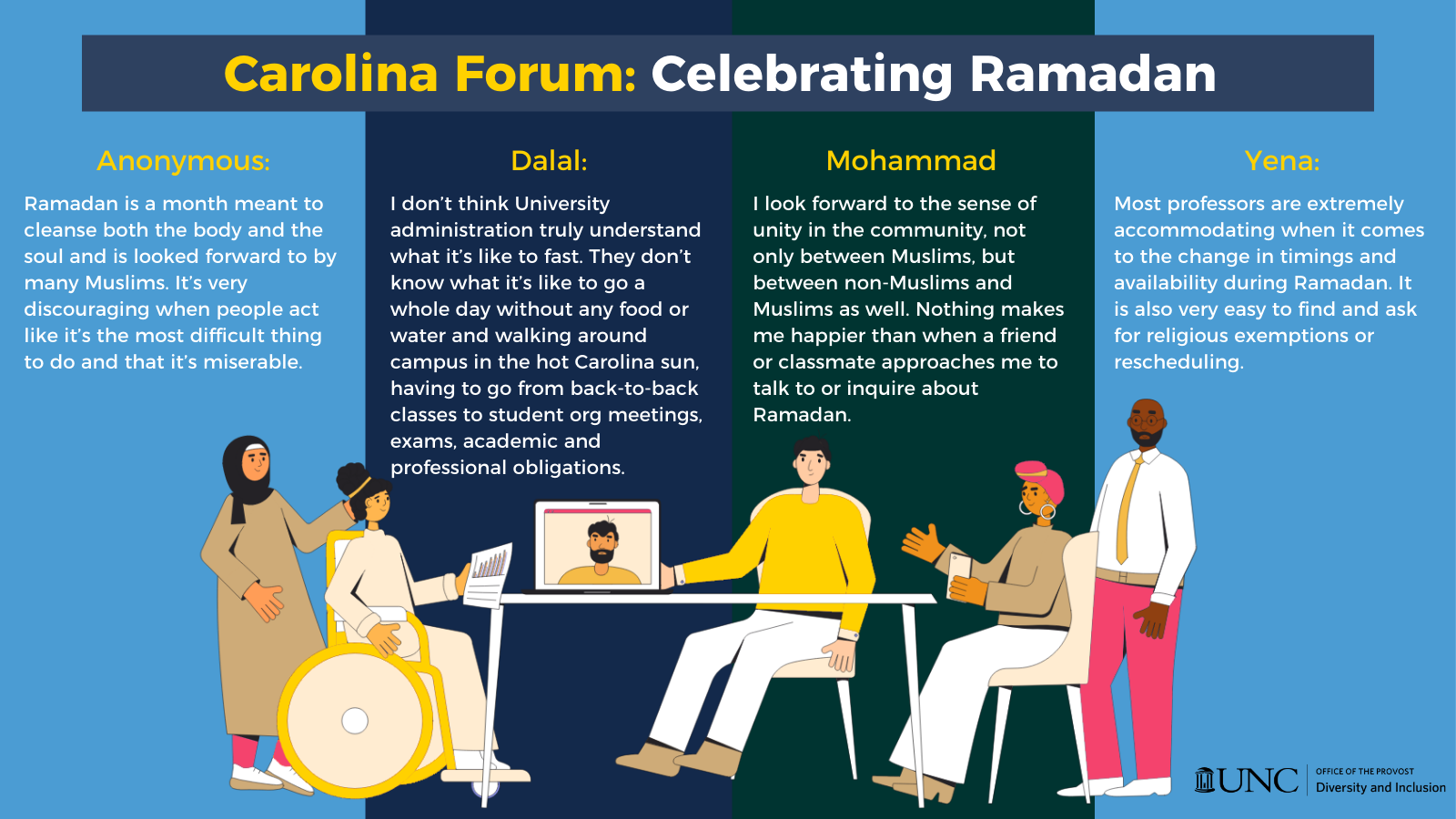 Image of different people standing or sitting in discussion with text saying, "Carolina Forum: Celebrating Ramadan. Anonymous: "Ramadan is a month meant to cleanse both the body and the soula nd is looked forward to by many Muslims. It's very discouraging when people act like it's the most difficult thing to do and that it's miserable." Dalal: "I don't think University administration truly understand what it's like to fast. They don't know what it's like to go a whole day without any food or water and walking around campus in the hot Carolina sun, having to go from back-to-back classes to student org meetings, exams, academic and professional obligations." Mohammad: "I look forward to the sense of unity in the community, not only between Muslims, but between non-Muslims and Muslims as well. Nothing makes me happier than when a friend or classmate approaches me to talk to or inquire about Ramadan." Yena: "Most professors are extremely accomodating when it comes to the change in timings and availability during Ramadan. It is also very easy to find and ask for religious exemptions or rescheduling."